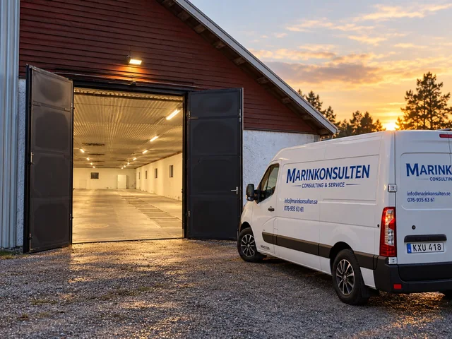 Marinkonsultens skåpbil vid vinterförvaringen
